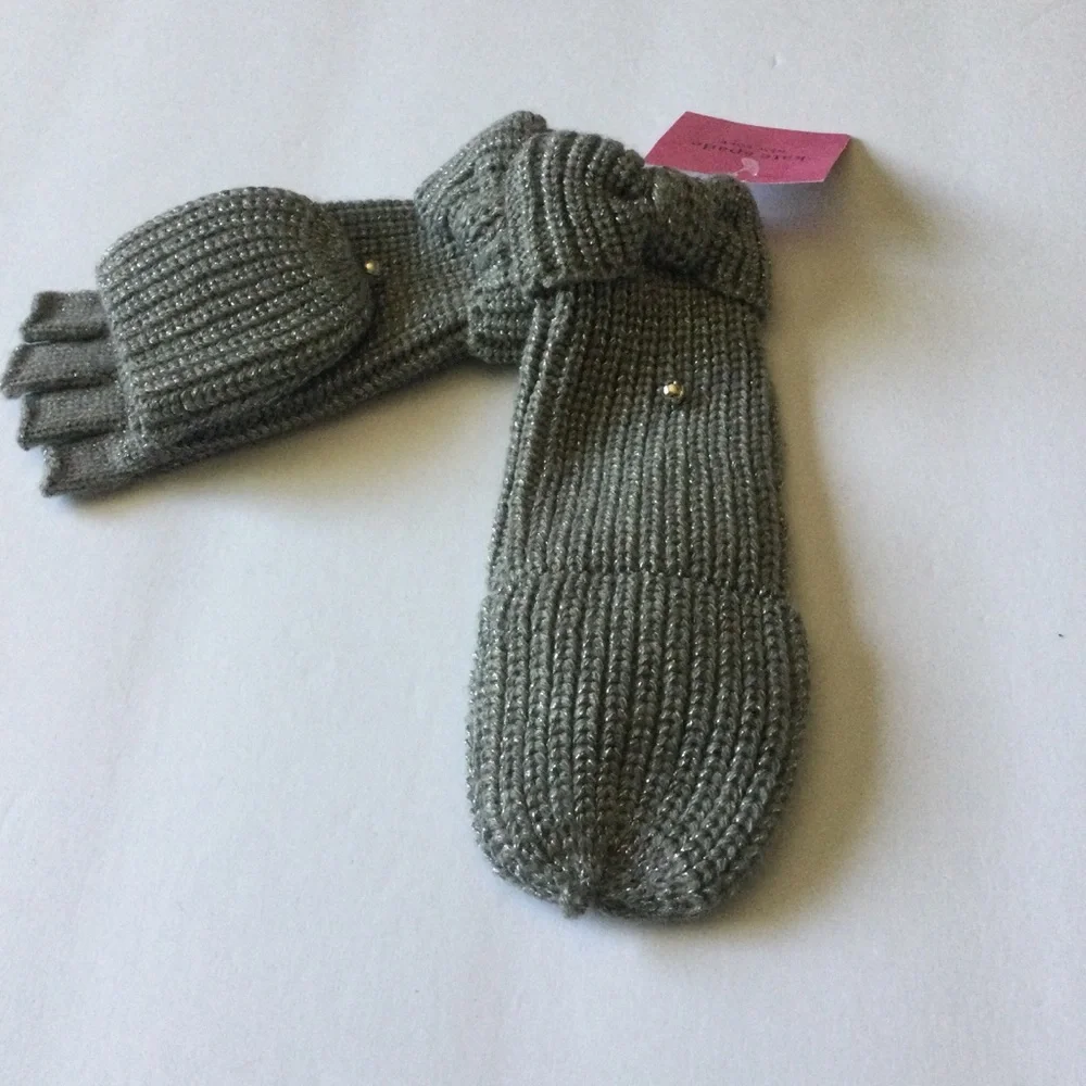 KATE SPADE METALLIC BOW POP TOP CONVERTIBLE MITTENS FINGERLESS GLOVES GRAY NWT